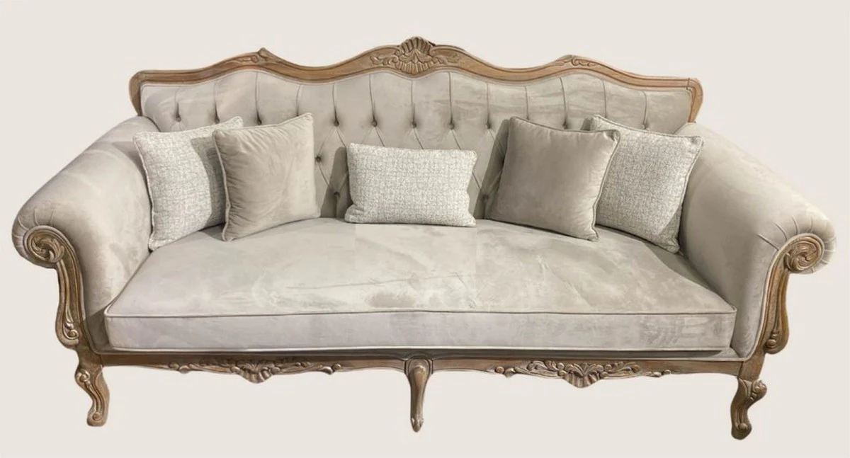 Casa Padrino sof¨¢ barroco de lujo de terciopelo gris / natural - Magn¨ªfico sof¨¢ de sal¨®n - Muebles de sal¨®n estilo barroco - Muebles de lujo estilo barroco - Muebles barrocos