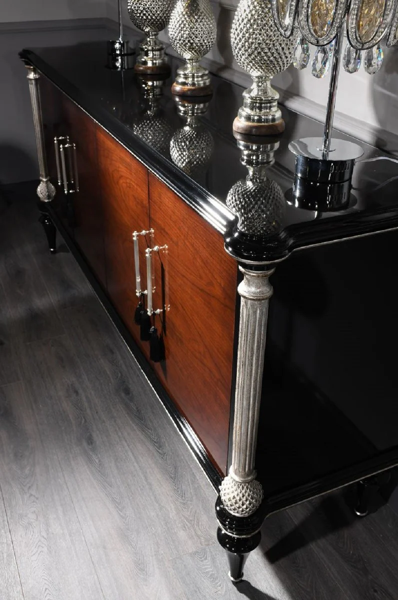 Casa Padrino aparador barroco de lujo marrón / negro / plata - Mueble noble de madera maciza con 4 puertas - Muebles Barrocos