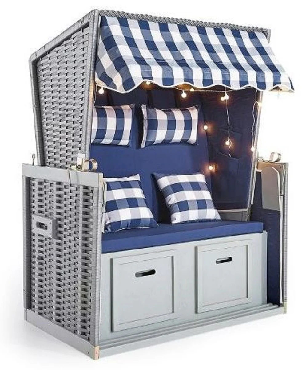 Casa Padrino silla de playa gris / azul / blanco 116 x 76 x A. 160 cm - Silla de playa de madera con techo e iluminaci¨®n LED - Muebles de jard¨ªn - Muebles de piscina - Muebles de exterior