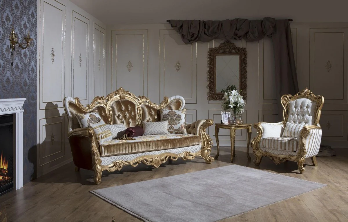 Casa Padrino sof¨¢ barroco de lujo oro / blanco / oro 248 x 108 x A. 122 cm - Sof¨¢ de sal¨®n con patr¨®n elegante y cojines decorativos - Magn¨ªficos muebles barrocos