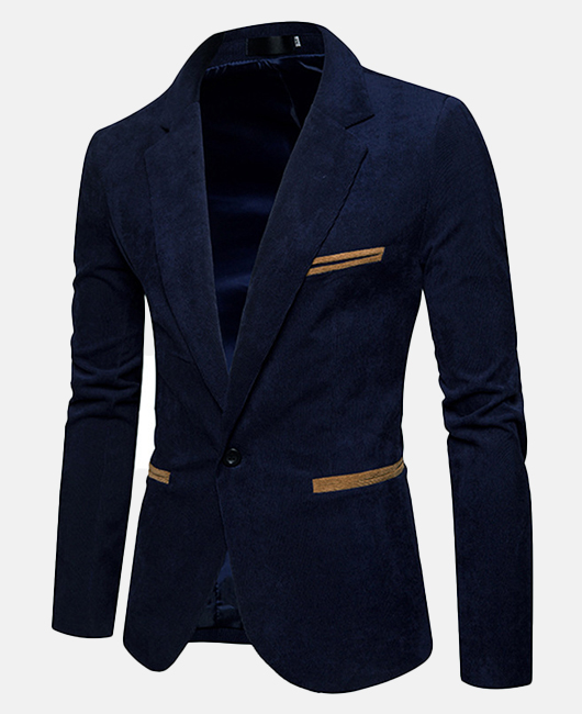 Contrast Color Pockets Notch Lapel Slim Fit Corduroy Blazer