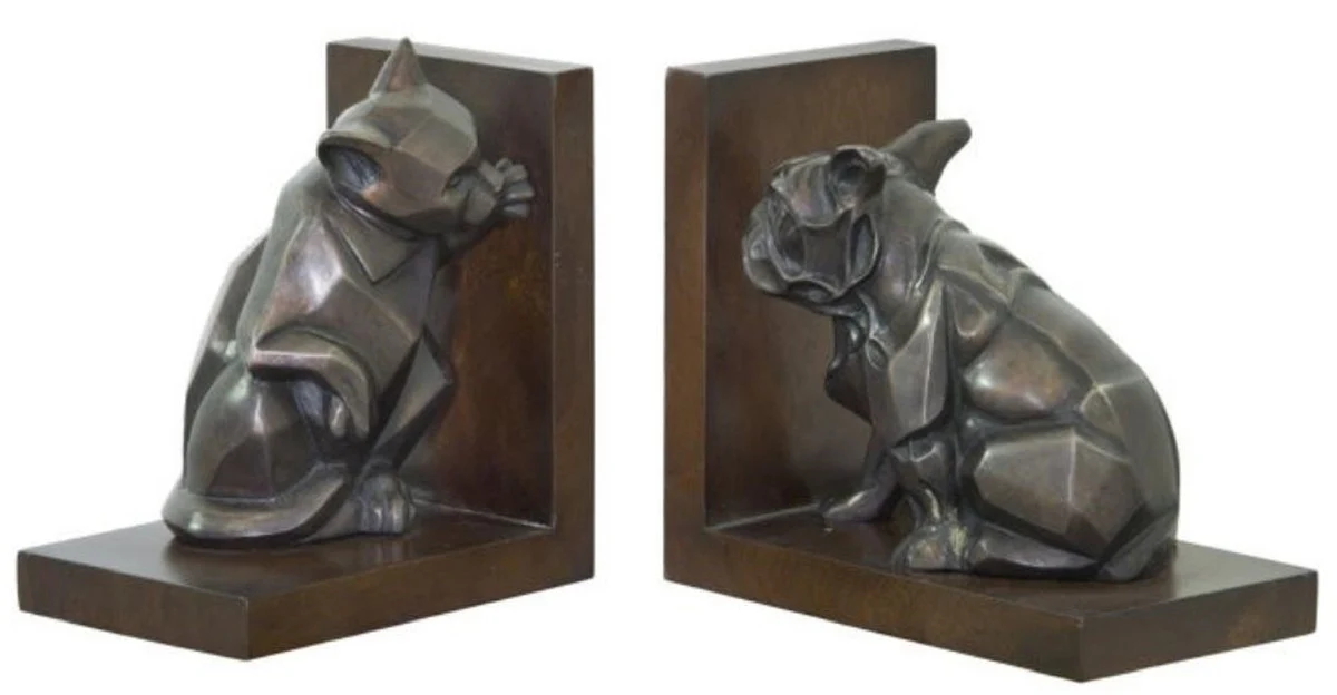 Casa Padrino conjunto de sujetalibro de lujo gato y perro bronce / marrón 18 x 18 x H. 10 cm - Figuras en Bronce Deco con Base de Madera