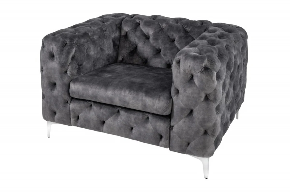 Casa Padrino Sill¨®n de terciopelo Chesterfield gris / plata - Sill¨®n de sal¨®n moderno - Muebles Chesterfield