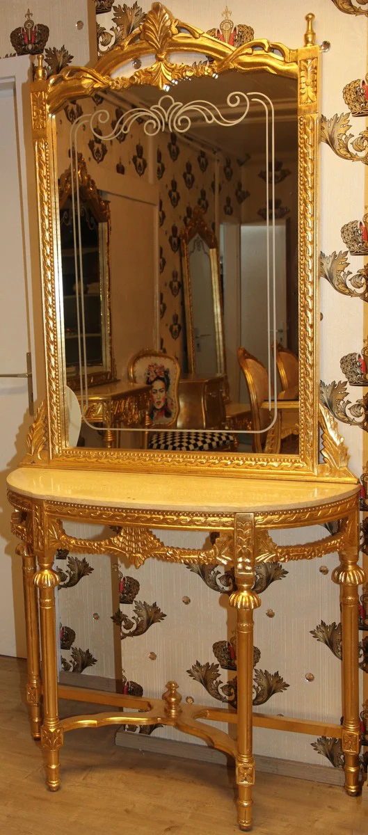 Consola de espejo barroco Casa Padrino dorado con tapa de m¨¢rmol y bellas decoraciones barrocas en el espejo de vidrio Mod5 - apariencia antigua