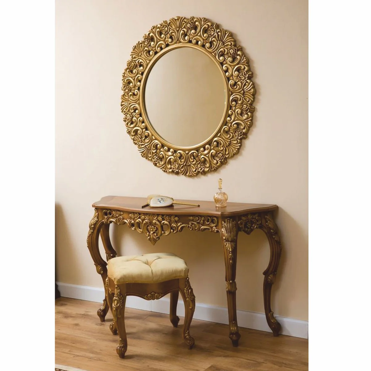 Casa Padrino consola barroco de lujo con espejo de pared y taburete marr¨®n / oro - Muebles barrocos