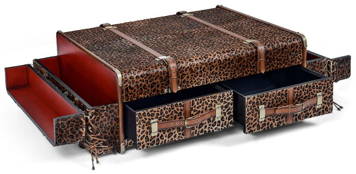 Casa Padrino mesa de centro de lujo en ¨®ptica maleta leopardo / marr¨®n / lat¨®n 140 x 85 x A. 43 cm - Maleta mesa de sal¨®n con cajones y compartimentos de bar - Muebles de lujo en ¨®ptica maleta