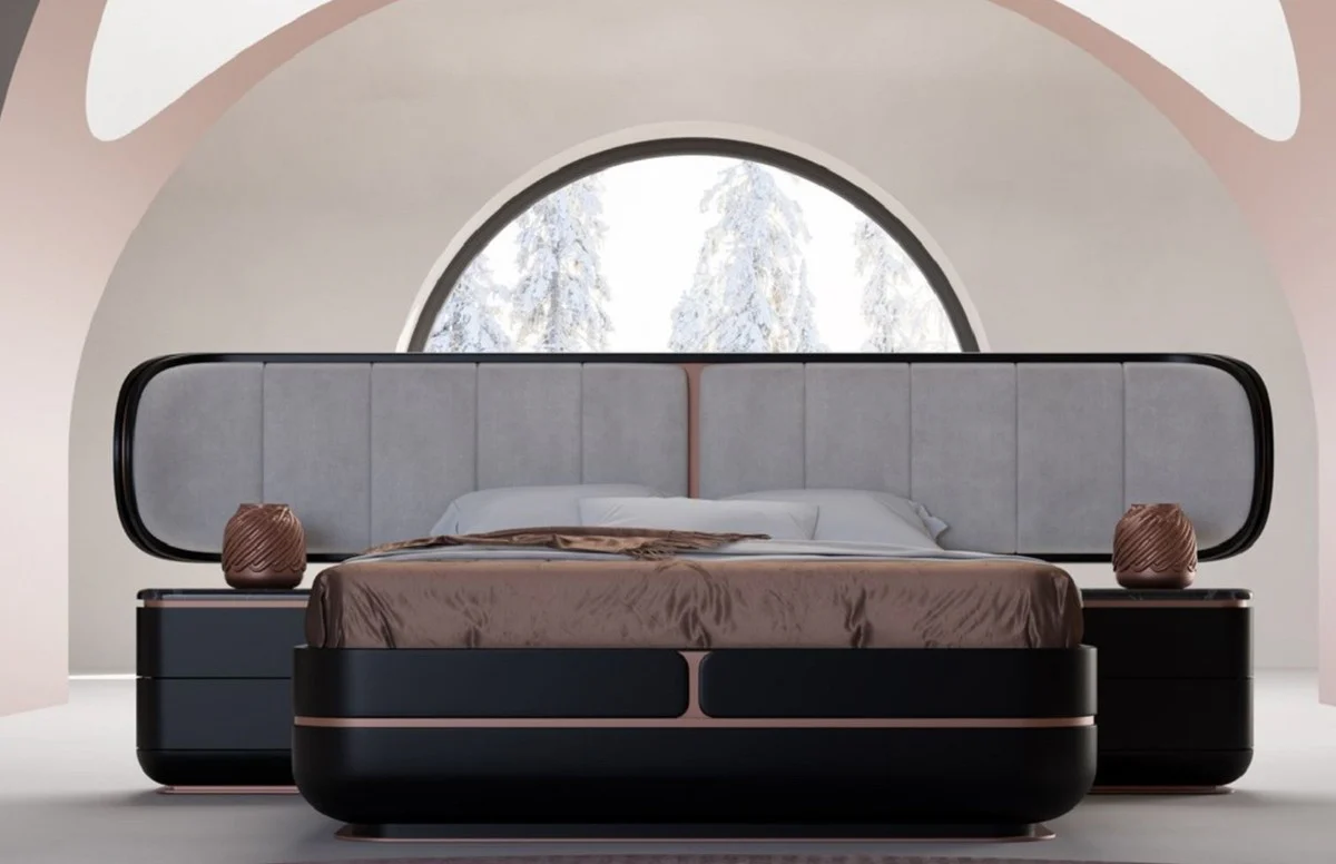 Casa Padrino mesita de noche de lujo negro / cobre 60 x 50 x A. 57 cm - Mesita de noche de madera maciza con 2 cajones y tapa de m¨¢rmol - Muebles de dormitorio - Muebles de hotel - Muebles de lujo