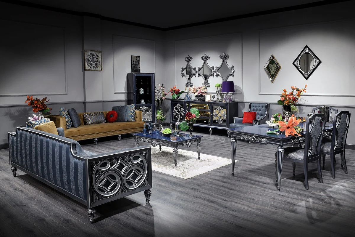 Casa Padrino mesa de centro barroco de lujo azul / plata 143 x 94 x H. 44 cm - Mesa de Salon de Estilo Barroco