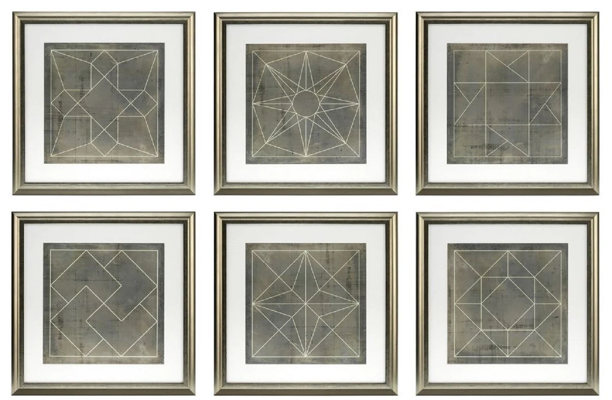 Casa Padrino conjunto de planos azul formas geométricas gris / oro 57 x H. 57 cm - Imágenes de Lujo con Marco de Madera - Decoración de Pared