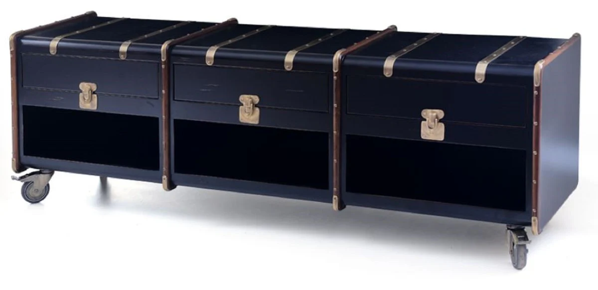 Casa Padrino armario TV de lujo en ¨®ptica maleta negro / marr¨®n / lat¨®n 201 x 48 x A. 65 cm - Armario maleta de madera maciza con ruedas - Mueble de sal¨®n - Muebles de lujo en ¨®ptica maleta