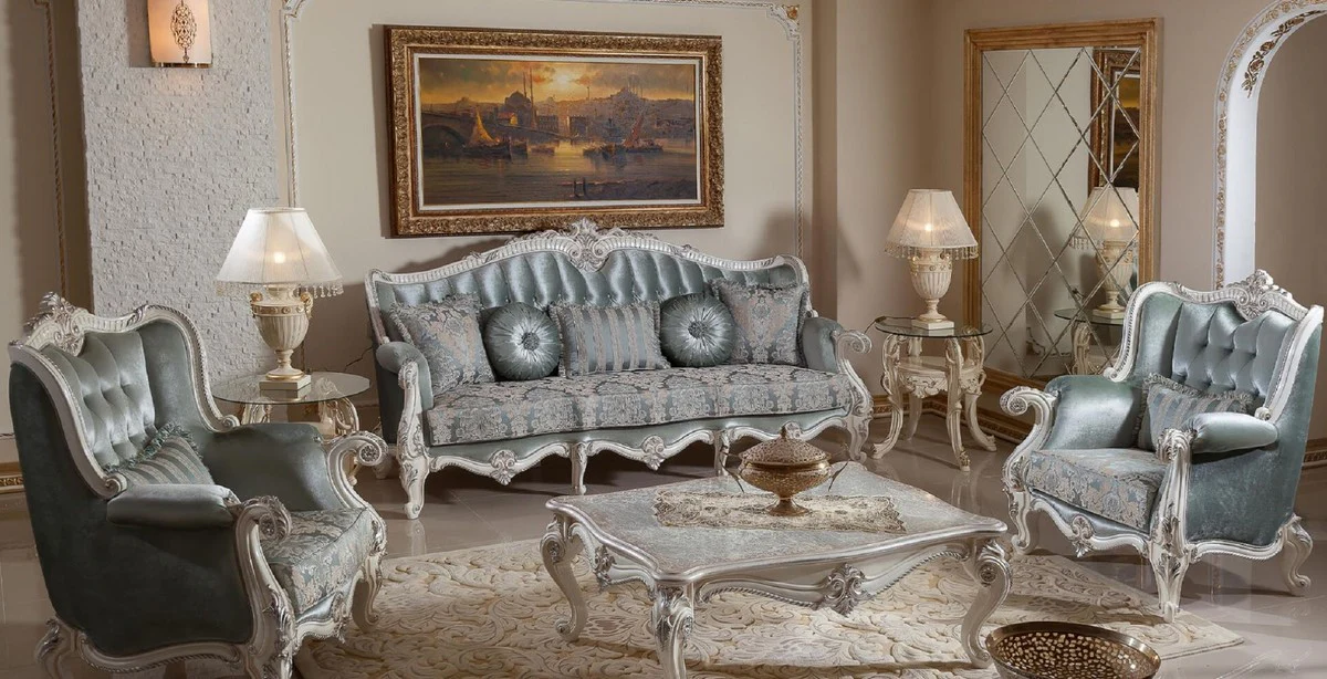 Casa Padrino mesa de centro barroco de lujo plata antigua / blanco / plata - Magn¨ªfica mesa de sal¨®n de estilo barroco - Muebles de sal¨®n de estilo barroco - Muebles de sal¨®n barrocos