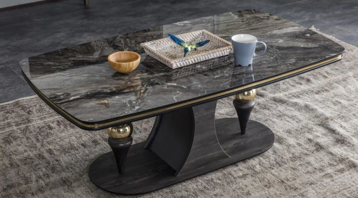 Casa Padrino mesa de centro de lujo negro / gris / lat¨®n 120 x 70 x A. 46 cm - Mesa de sal¨®n rectangular con sobre de cristal con aspecto de m¨¢rmol - Muebles de sal¨®n