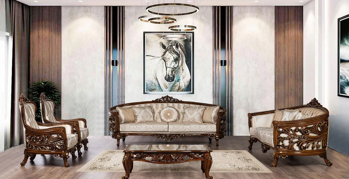 Casa Padrino conjunto de sala de estar barroco de lujo beige / marr¨®n / oro - 2 Sof¨¢s Barrocos y 2 Sillones Barrocos y 1 Mesa de Centro Barroco - Muebles de sal¨®n barrocos - Noble y Magn¨ªfico