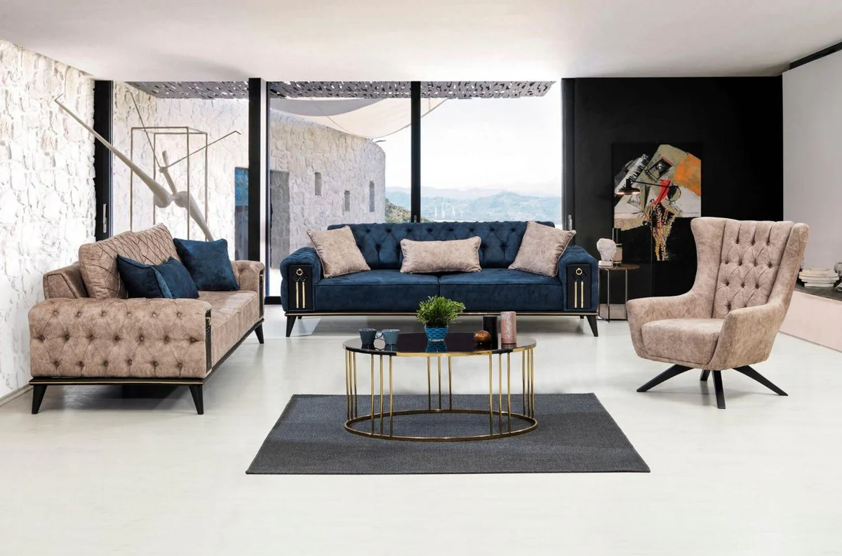 Casa Padrino sof¨¢ cama Chesterfield de lujo azul / negro / oro 220 x 90 x A. 80 cm - Sof¨¢ de sal¨®n moderno - Muebles de Sal¨®n Chesterfield