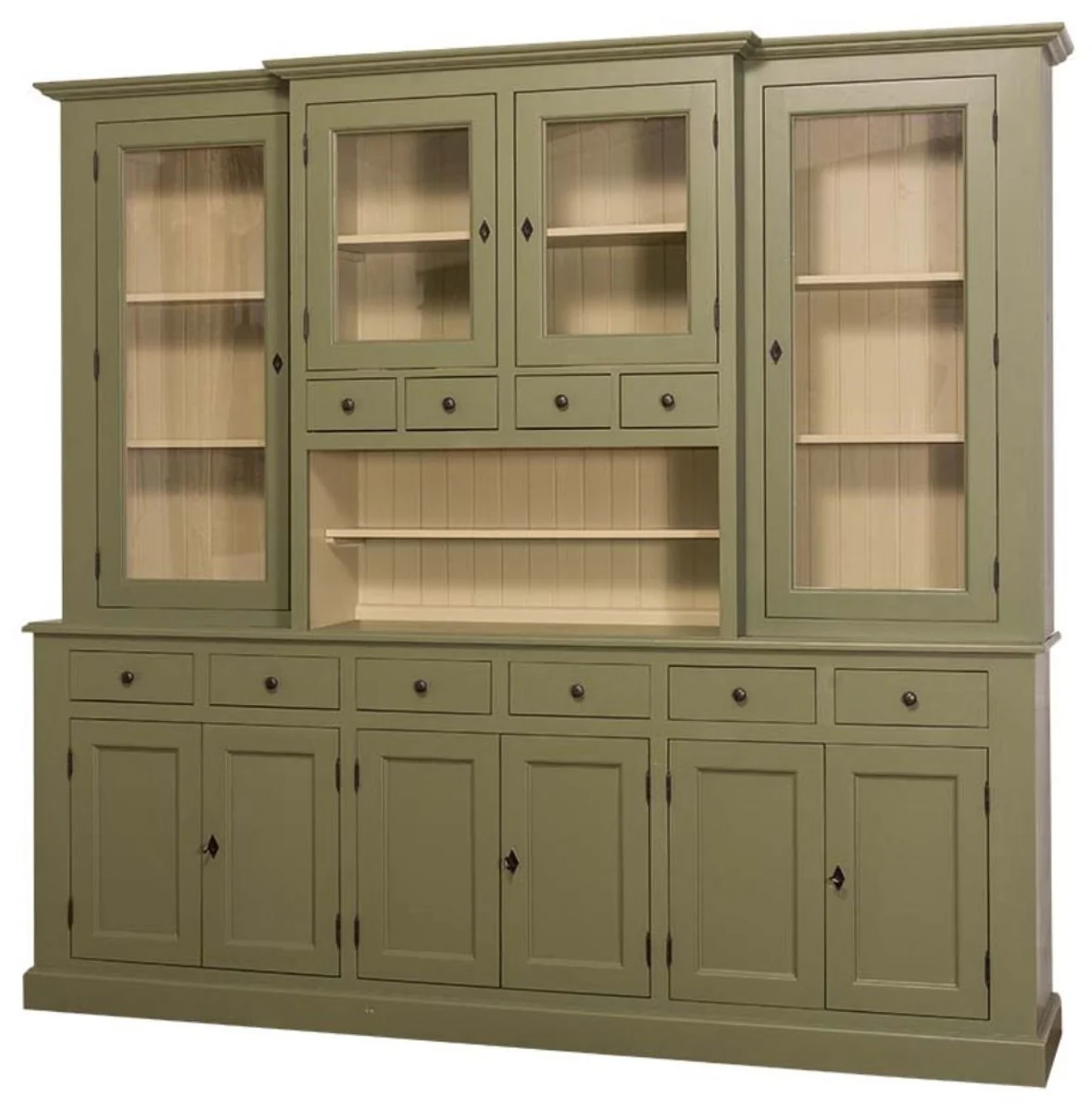 Casa Padrino gabinete de cocina estilo country verde / beige 244 x 45 x H. 225 cm - Gabinete de Cocina de 2 Piezas con 10 Puertas y 10 Cajones