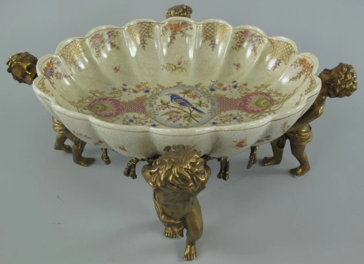 Casa Padrino cuenco de porcelana Art Nouveau con 4 figuras de ángel decorativas crema / multicolor / latón 40 x 30 x A. 17 cm - Accesorios Decorativos Barrocos y Art Nouveau