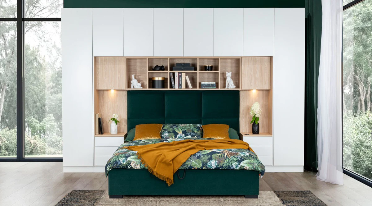 Casa Padrino conjunto de muebles de dormitorio de lujo blanco mate / natural / verde / negro - Cama Doble con Armario de Dormitorio - Muebles de hotel - Muebles de dormitorio - Muebles de lujo
