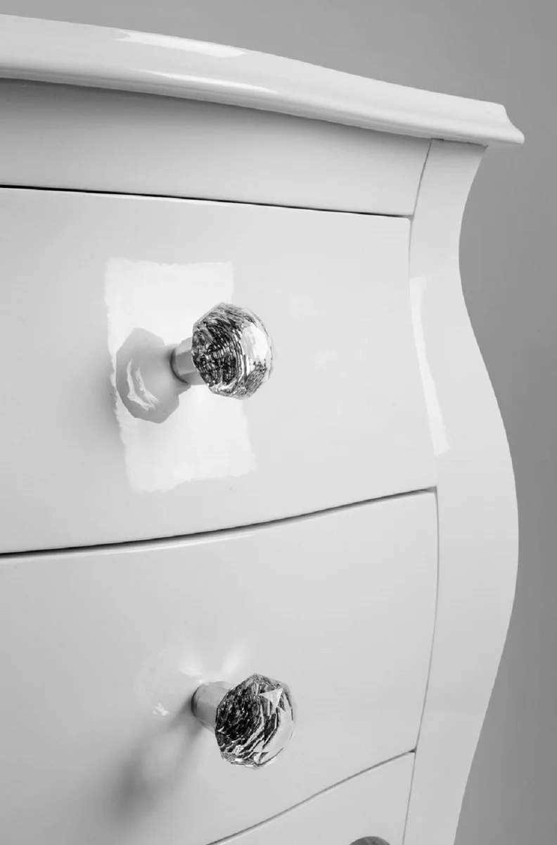 Casa Padrino mesita de noche barroco de lujo con 2 cajones blanco alto brillo - Mesita de noche barroco hecha a mano - Muebles de dormitorio barrocos - Muebles de lujo en estilo barroco