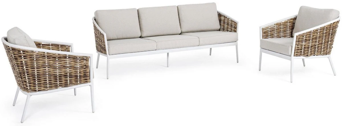 Casa Padrino conjunto de muebles de jard¨ªn de lujo gris / blanco / marr¨®n - 1 Sof¨¢ de Jard¨ªn y 2 Sillones de Jard¨ªn - Muebles de jard¨ªn - Muebles de piscina - Muebles de exterior - Muebles de lujo