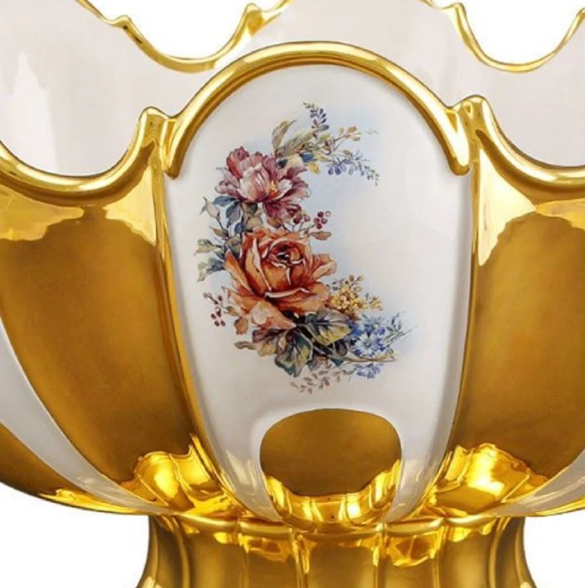 Casa Padrino tazón barroco con diseño de flores oro / blanco / multicolor 52 x 42 x H. 32 cm - Suntuoso Tazón de Cerámica Hecho a Mano y Pintado a Mano con Oro de 24K