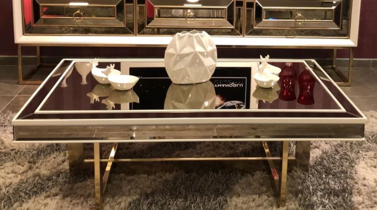 Casa Padrino mesa de centro de lujo blanco / oro 120 x 80 x A. 43 cm - Mesa de sal¨®n con tapa de vidrio y vidrio espejo - Muebles de sal¨®n de lujo