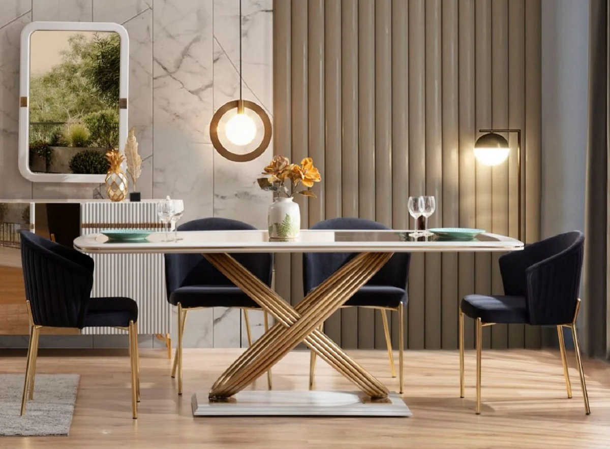 Casa Padrino mesa de comedor de lujo con tapa de vidrio blanco / oro 207 x 97 x A. 79 cm - Muebles de comedor - Muebles de lujo - Colecci¨®n de lujo