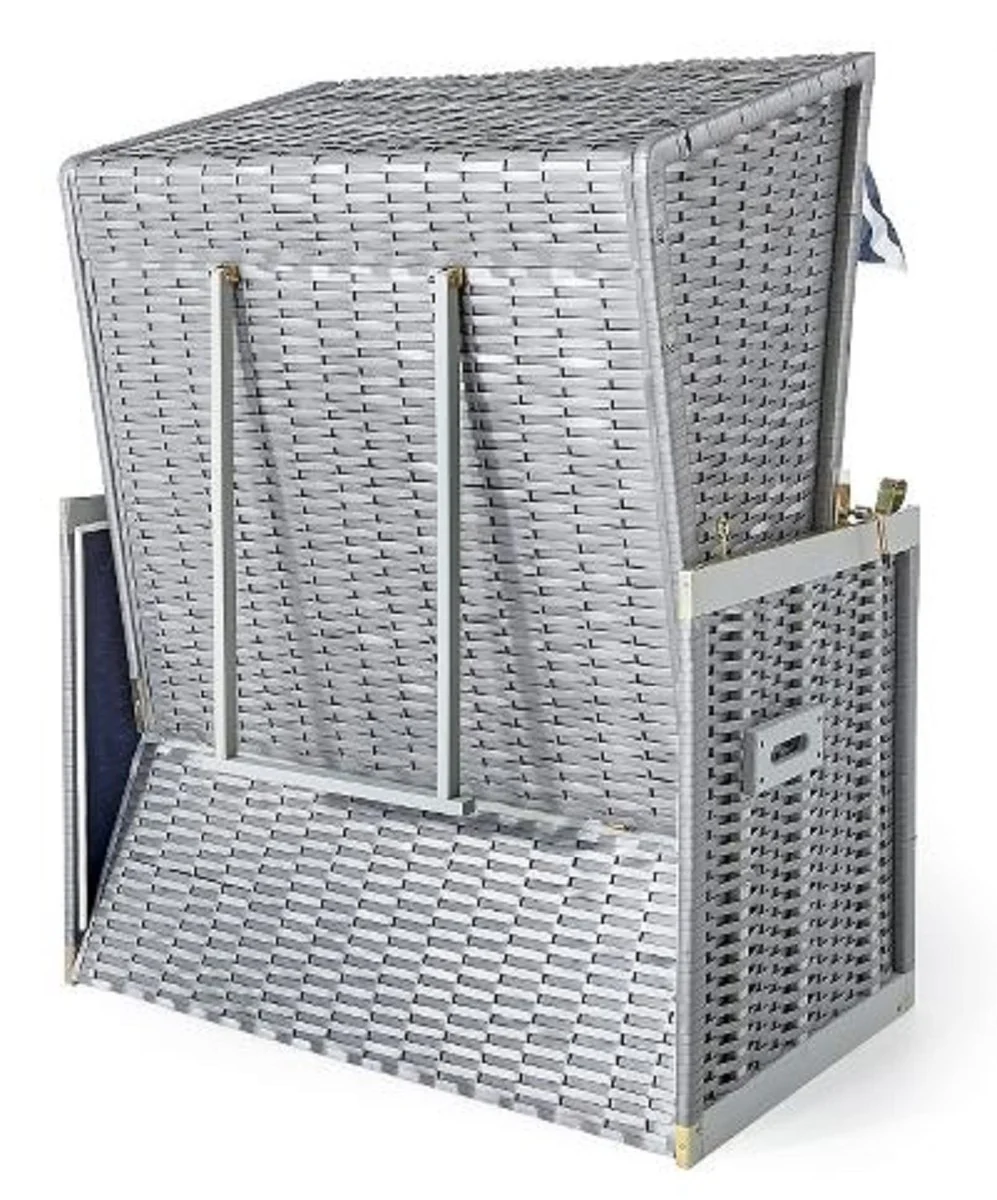 Casa Padrino silla de playa gris / azul / blanco 116 x 76 x A. 160 cm - Silla de playa de madera con techo e iluminaci¨®n LED - Muebles de jard¨ªn - Muebles de piscina - Muebles de exterior