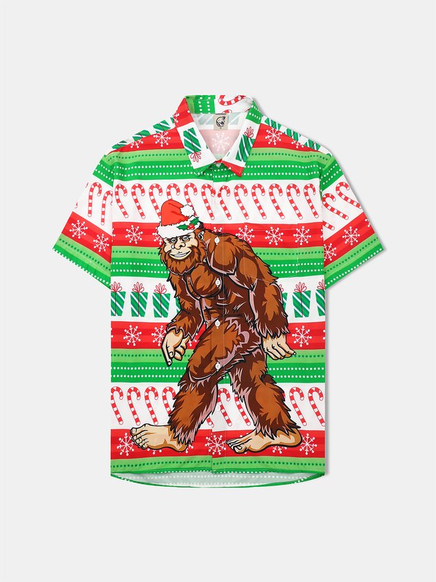 Christmas Big Foot Chest Pocket Short Sleeve Casual Shirt