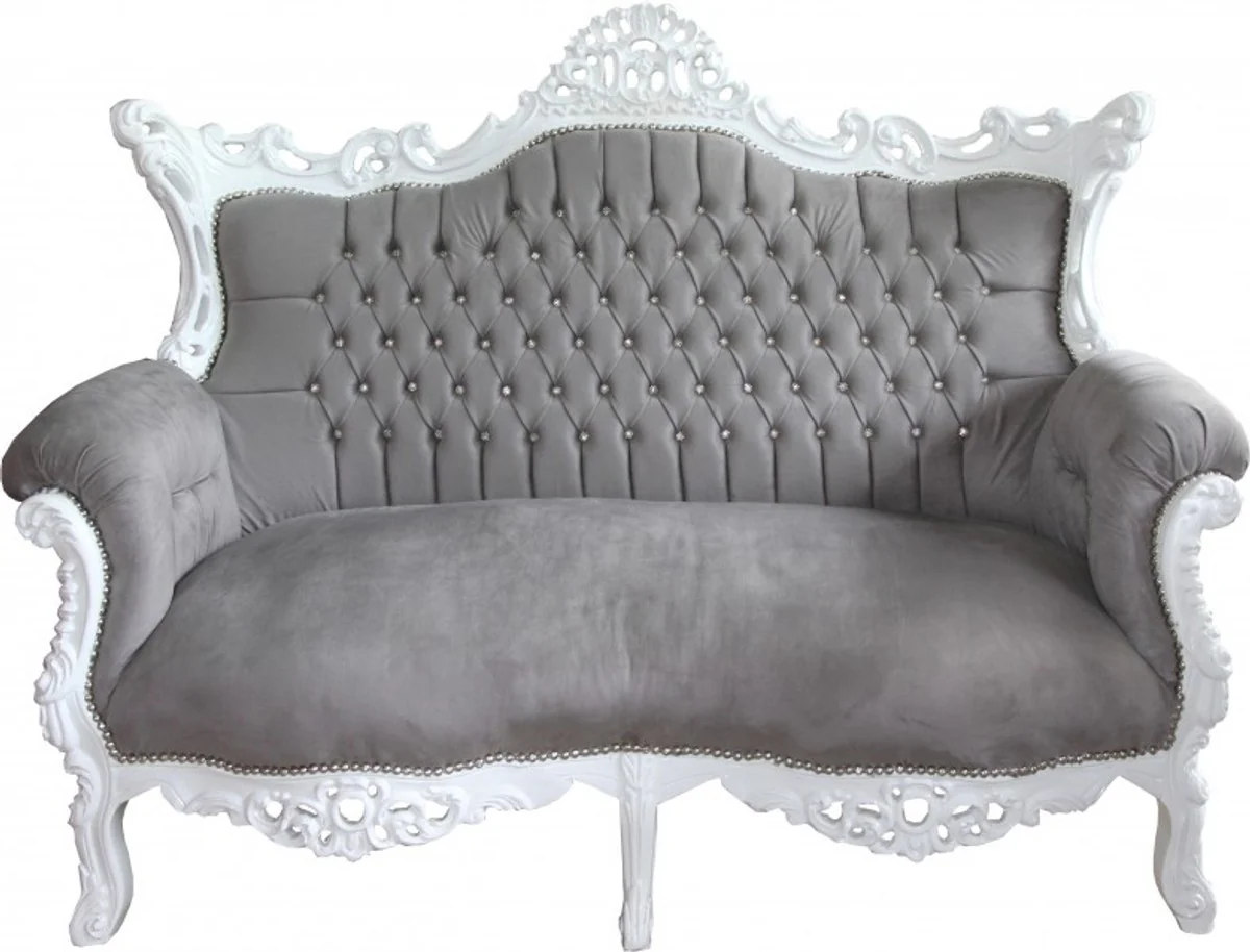 Casa Padrino Baroque 2-seater sofa Master Grey / White with Bling Bling diamante - antique style room furniture - Limited Edition