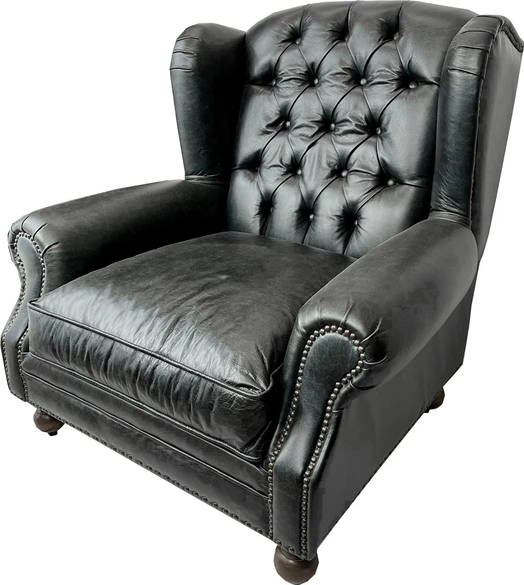 Casa Padrino sill¨®n orejero Chesterfield de lujo en cuero negro vintage / marr¨®n oscuro - Sill¨®n Chesterfield en cuero genuino - Muebles de sal¨®n - Muebles Chesterfield - Muebles de lujo