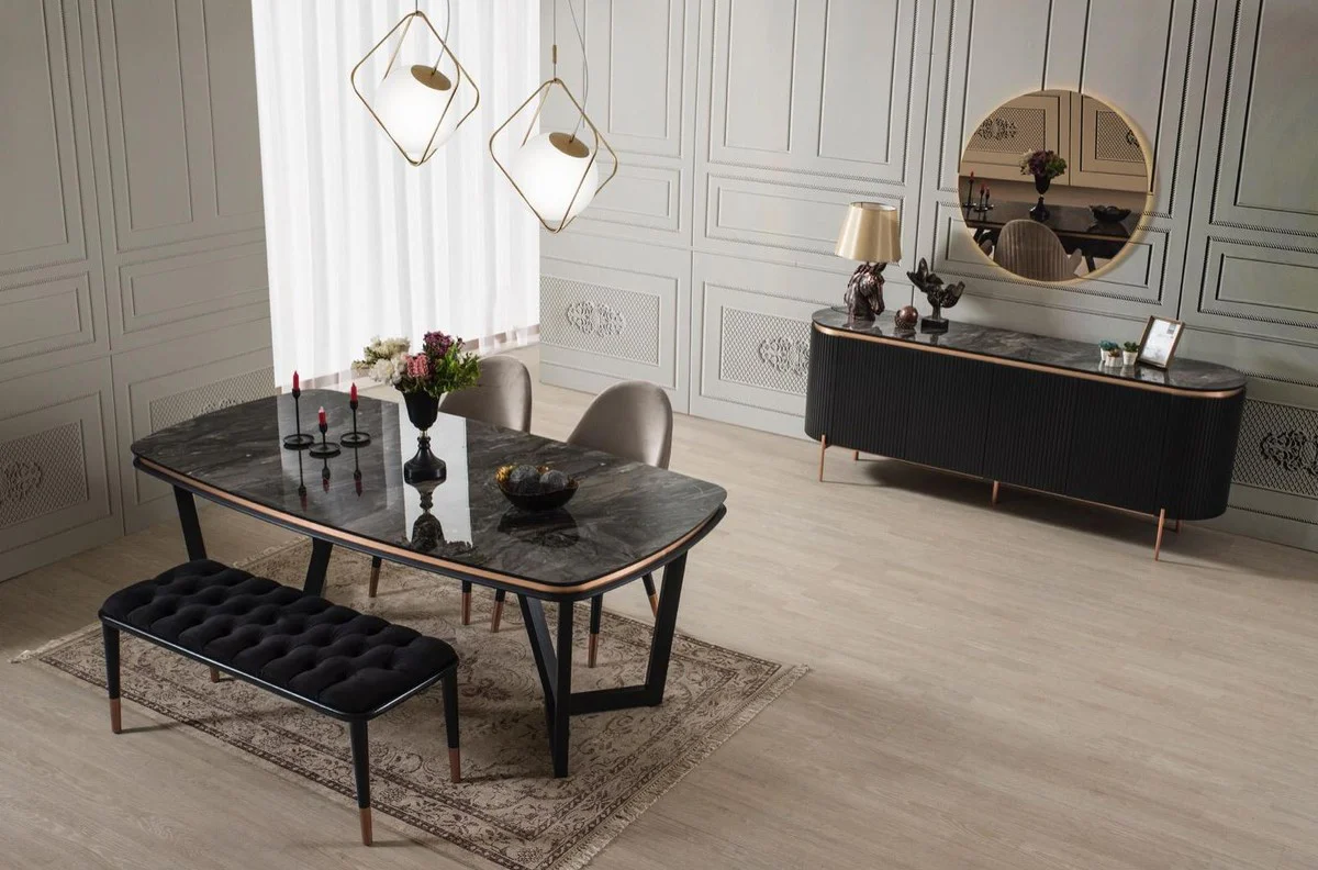 Casa Padrino conjunto de comedor de lujo gris / negro / cobre - 1 Mesa de Comedor y 4 Sillas de Comedor y 1 Banco - Muebles de Comedor de Lujo