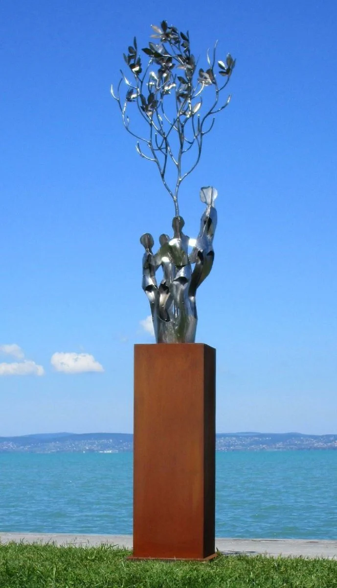 Casa Padrino escultura de metal de decoraci¨®n de jard¨ªn XXL amigos en ¨¢rbol sobre columna plata / ¨®xido A. 260 cm