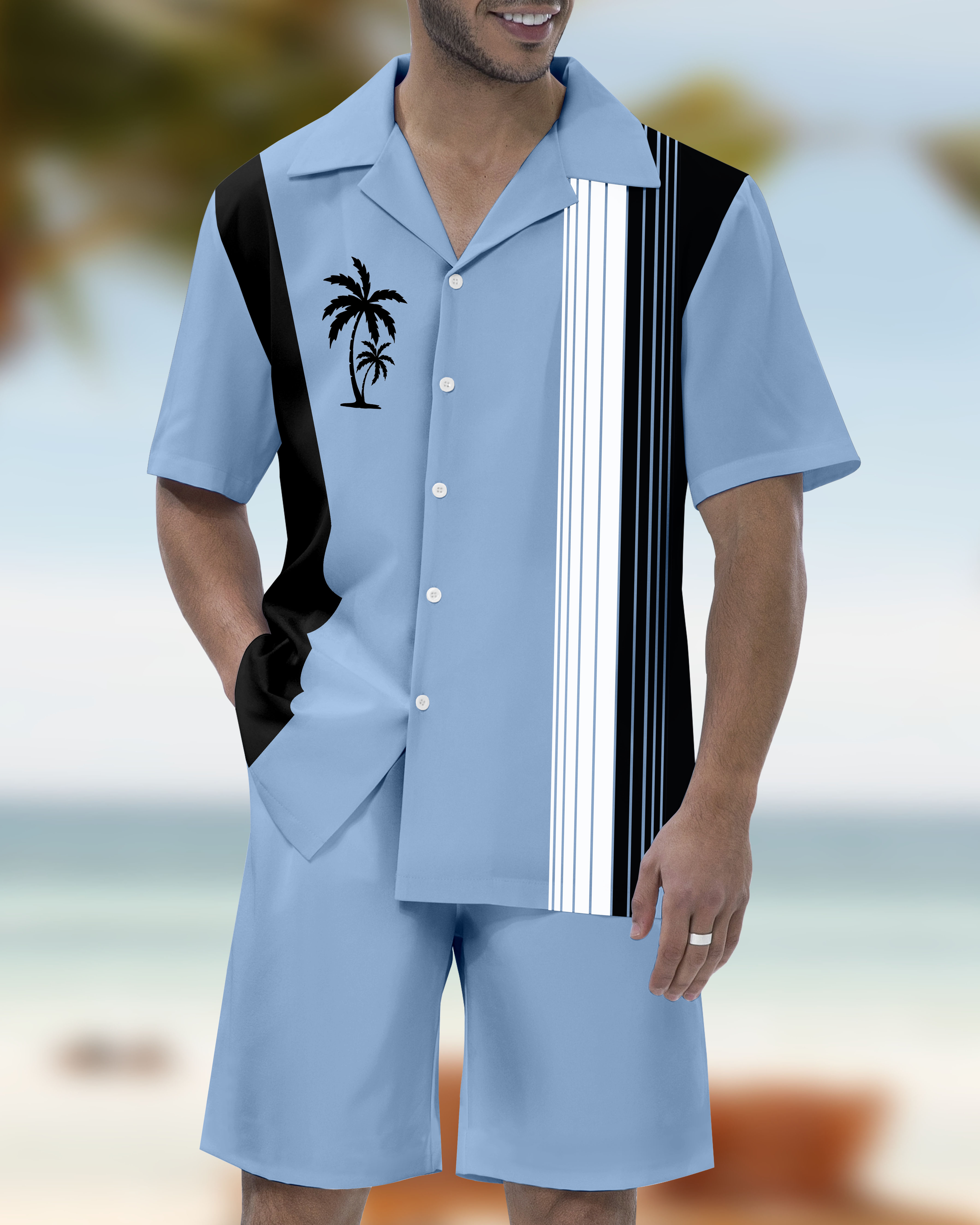 Men's Casual Vacation Hawaiian Cuban Collar Short Sleeve Shirt Set
