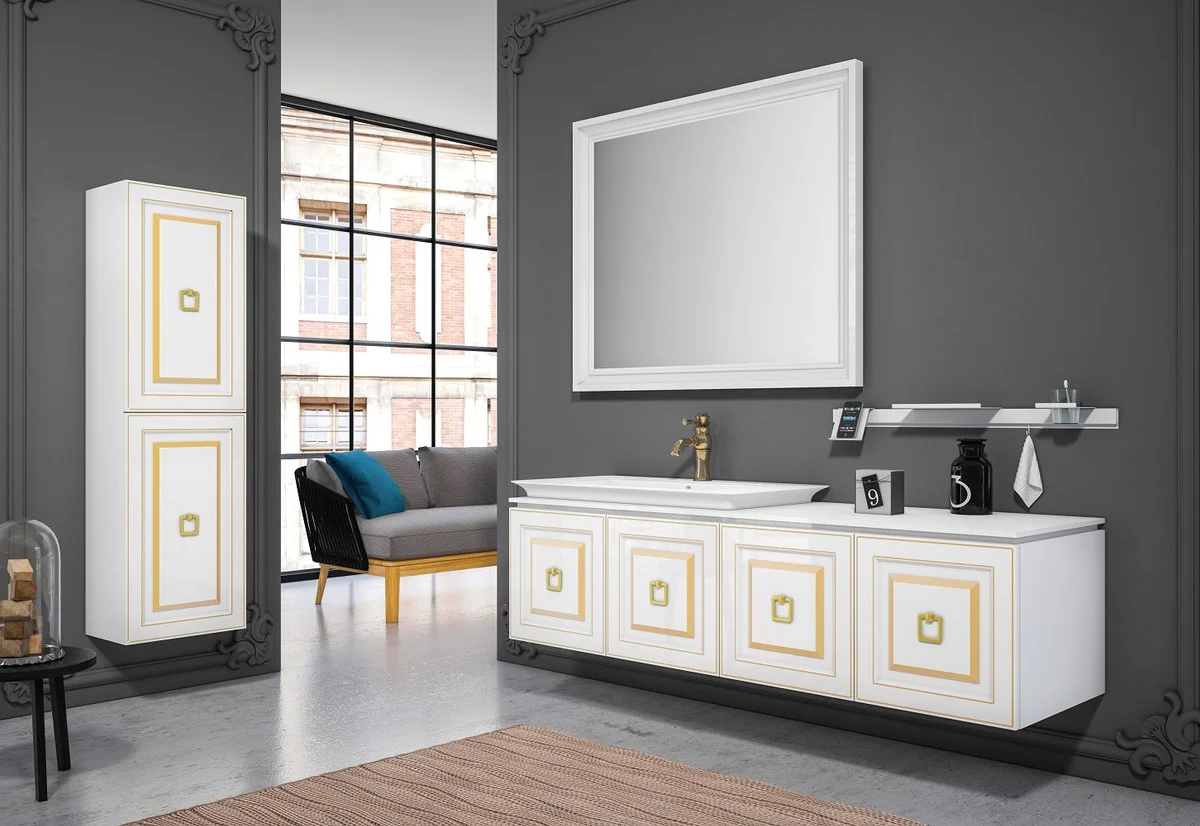 Casa Padrino conjunto de baño de lujo blanco / oro - 1 Mesa de Lavado con Lavabo y 1 Espejo de Pared y 1 Armario de Pared - Muebles de Baño de Lujo