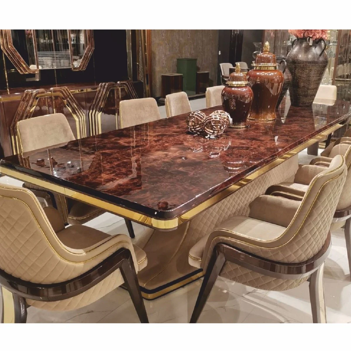 Casa Padrino silla de comedor Art Deco de lujo con reposabrazos beige / marrón oscuro / oro