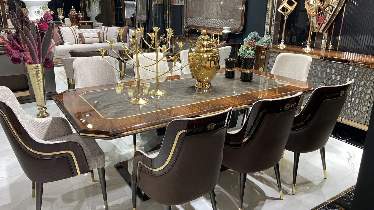 Casa Padrino Conjunto de Comedor de Lujo Gris / Marr¨®n / Oro - 1 Mesa de Comedor & 8 Sillas de Comedor - Muebles de Comedor de Lujo - Calidad de Lujo