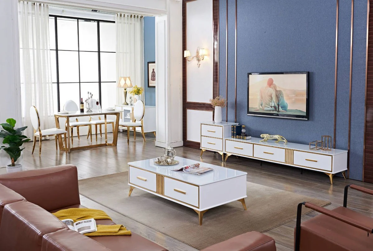 Casa Padrino armario de TV de lujo blanco / oro 200 x 40 x H. 41 cm - Aparador de sal¨®n moderno con 3 cajones - Mueble TV de sal¨®n moderno