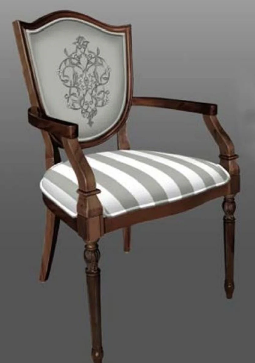 Casa Padrino silla de comedor Art Deco con reposabrazos gris / blanco / marr¨®n - Silla de madera maciza a rayas con patr¨®n elegante - Muebles de Comedor Art Deco