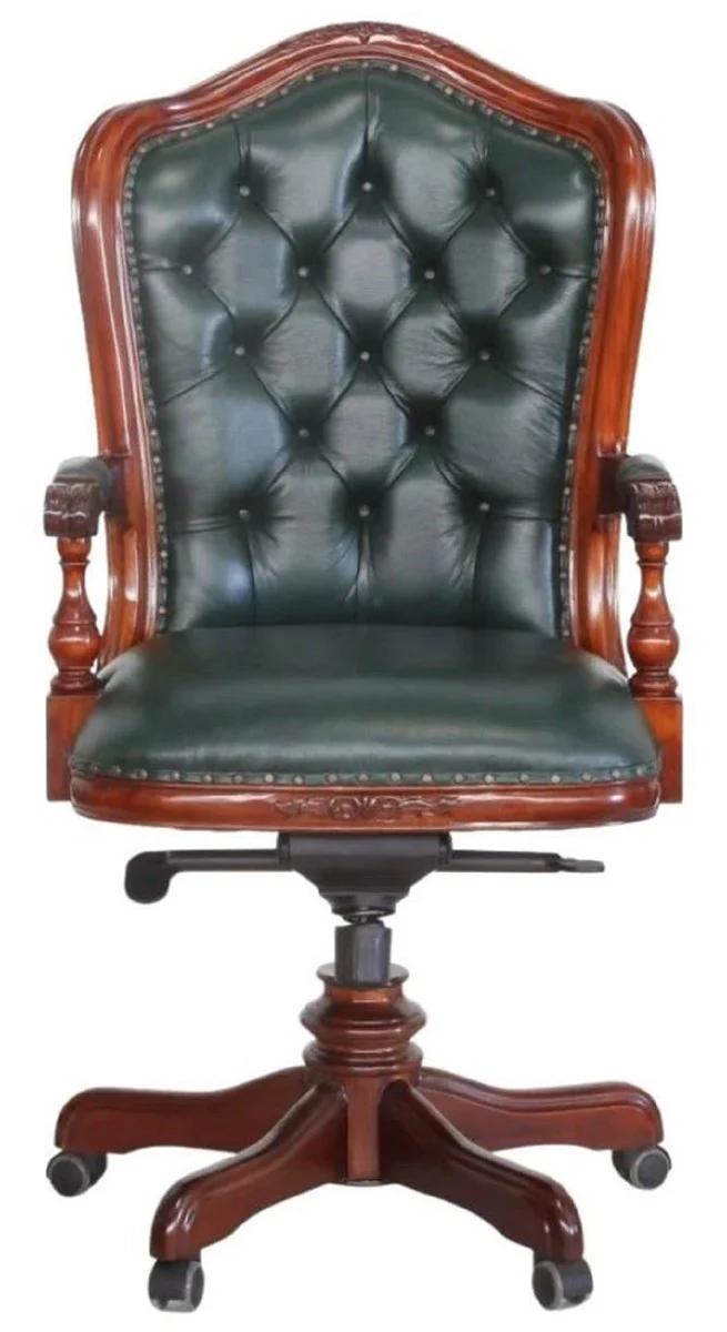 Casa Padrino silla de escritorio barroco de lujo Chesterfield de cuero genuino verde oscuro / marrón A. 123 cm - Muebles de oficina barrocos