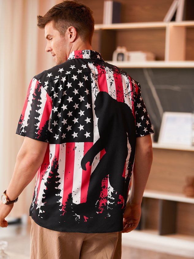 Flag Bigfoot Chest Pocket Short Sleeves Casual Shirt