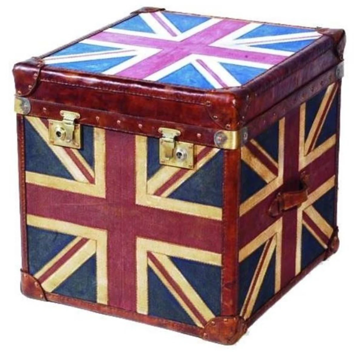 Casa Padrino Luxury Chest Multicolor 60 x 60 x H. 60 cm - Handmade Genuine Leather Chest with Union Jack Design