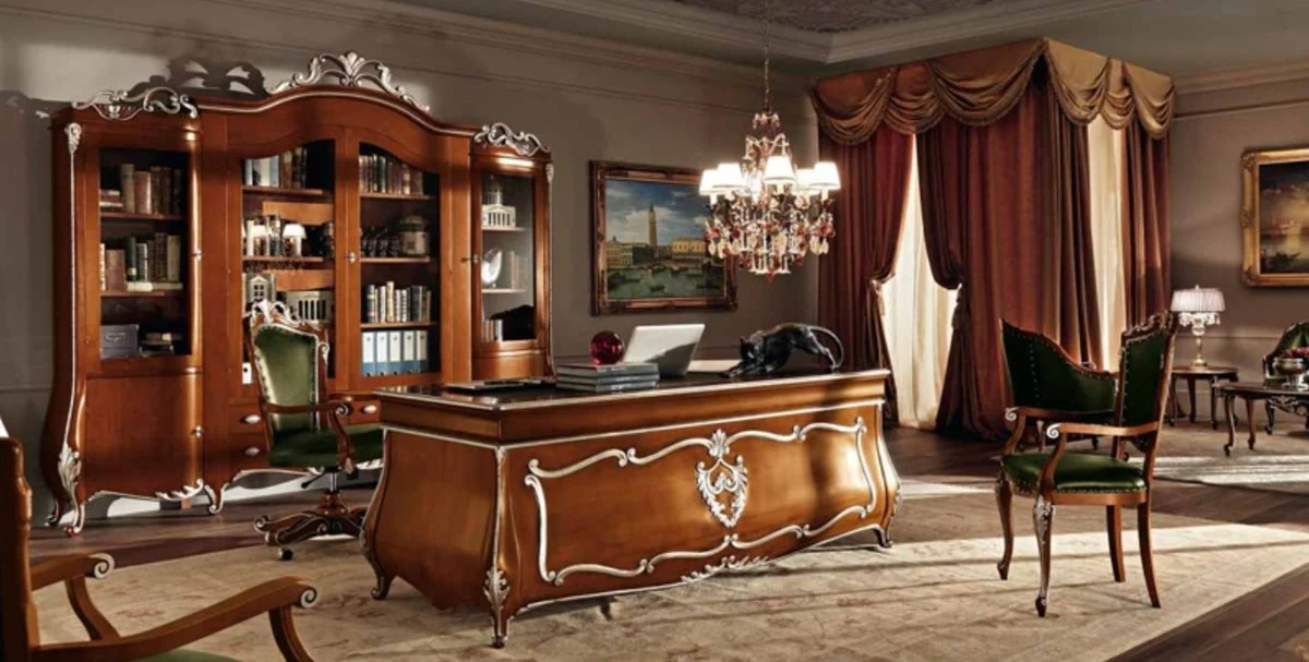 Casa Padrino escritorio barroco de lujo marr¨®n / plata - Mesa de oficina de madera maciza noble - Muebles de oficina barrocos - Calidad de Lujo - Hecho en Italia