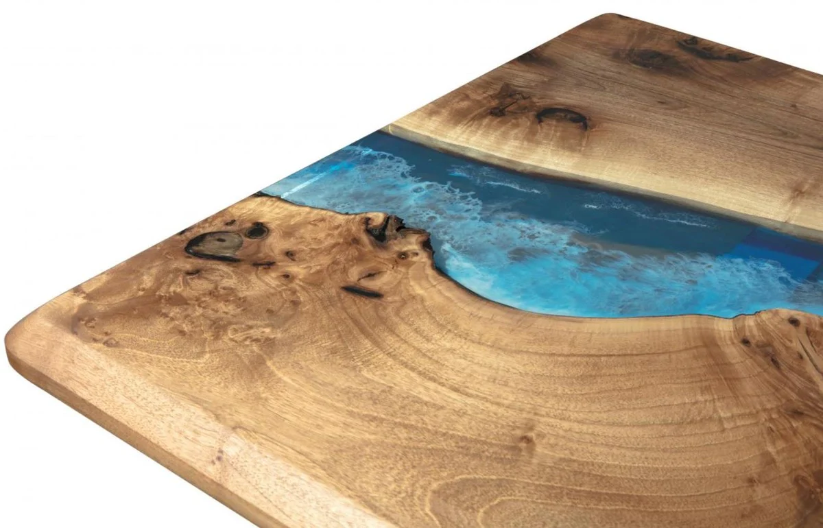 Casa Padrino mesa de comedor de lujo marr¨®n / azul / plata 250 x 100 x A. 76 cm - Mesa de cocina rectangular con resina epoxi - Muebles de comedor - Muebles de resina epoxi - Muebles de lujo