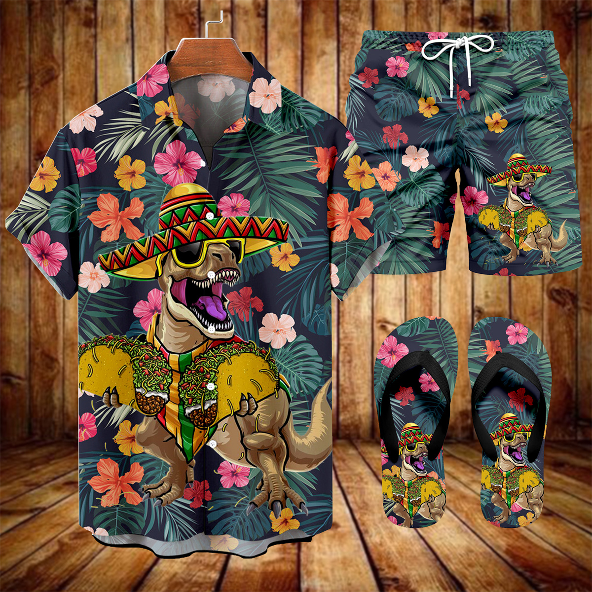 Suitmens Men's Tiki Party Hawaiian Vacation Print Three-Piece Set 029