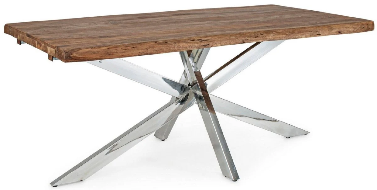 Casa Padrino mesa de comedor de lujo marr¨®n / plata 180-260 x 90 x A. 77 cm - Mesa de cocina extensible con tablero de madera maciza y patas de acero inoxidable - Muebles de comedor de lujo