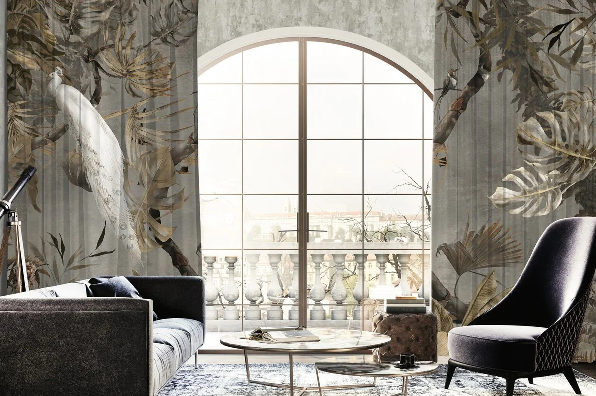 Casa Padrino conjunto de cortinas de lujo pavo real blanco en el bosque gris / multicolor 250 x A. 290 cm - Cortinas de lino y terciopelo estampadas - Cortinas de ojales - Cortinas correderas