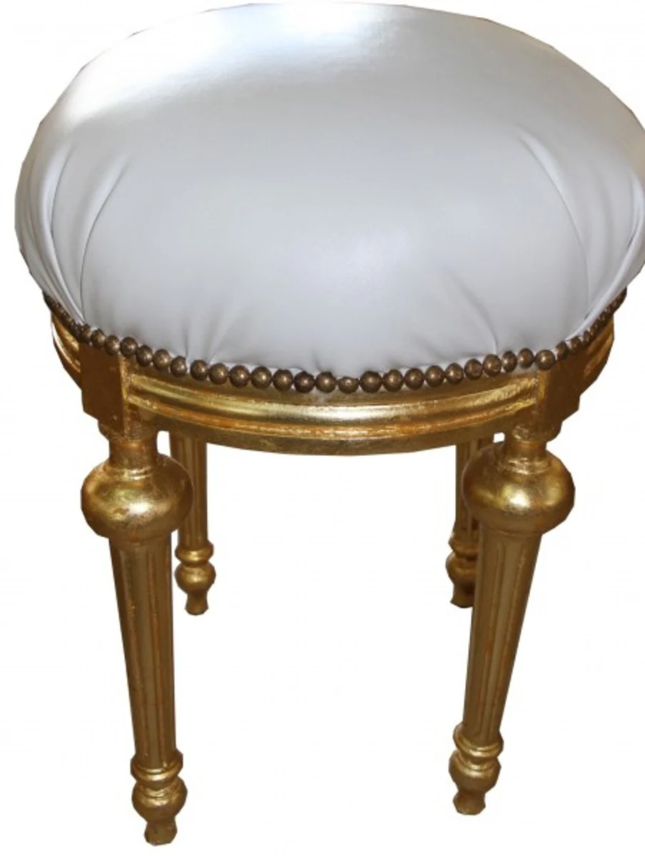 Casa Padrino barroco de heces - taburete redondo mirada de cuero blanco / oro - taburetes muebles barrocos