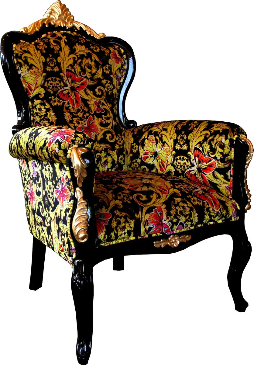Pomp??s by Casa Padrino Luxury Baroque Sill¨®n Bergere Butterfly & Flower Design / Negro / Dorado - Pomp??s Sill¨®n barroco dise?ado por Harald Gl??ckler