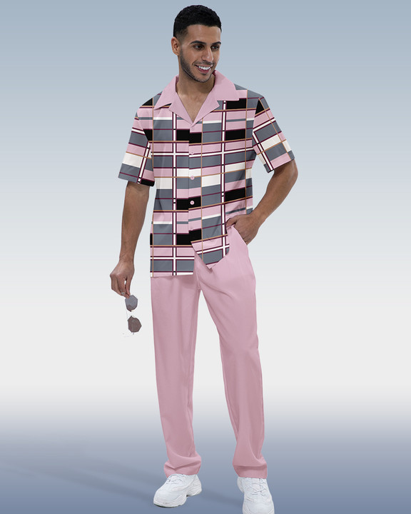 Suitmens Men's Purple Square Short Sleeve Shirt Walking Set 310