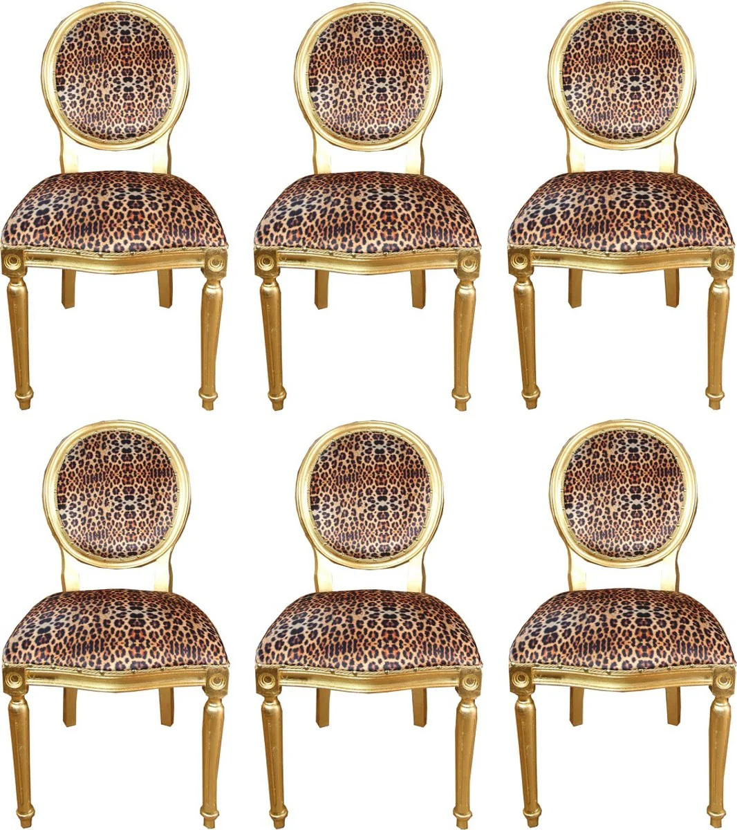 Casa Padrino Conjunto de Sillas de Comedor Barroco de Lujo Medall¨®n Leopardo / Oro 50 x 52 x H. 99 cm - 6 Sillas de Comedor Hechas a Mano - Muebles de Comedor Barrocos